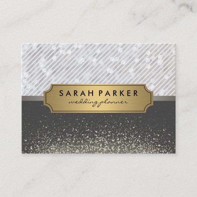 Sparkle Bokeh Metallic Gold Label mit Streifen Visitenkarte (Vorderseite)