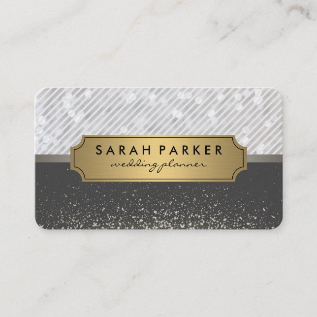 Sparkle Bokeh Metallic Gold Label mit Streifen Visitenkarte (Vorderseite)