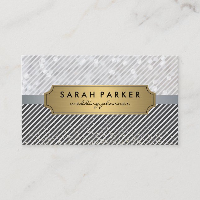 Sparkle Bokeh Metallic Gold Label mit Streifen Visitenkarte (Vorderseite)