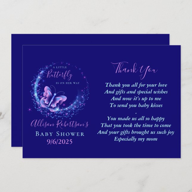 Sparkle Butterfly Girl Babydusche Danke Karte (Vorne/Hinten)