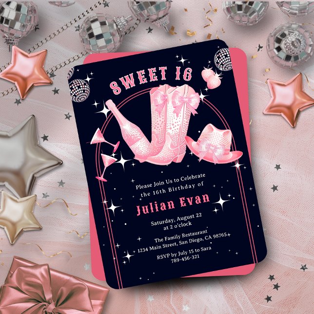 Sparkle Cowgirl Navy Blue & Pink Sweet 16 Geburtst Einladung (Sparkle Cowgirl Navy Blue & Pink Sweet 16 Birthday Invitation)