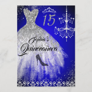 Sparkle Diamond Dress Blue Silver Quinceanera Einladung