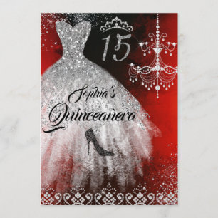 Sparkle Diamond Dress Red Silver Black Quinceanera Einladung