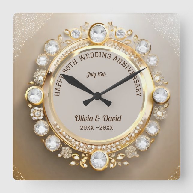 Sparkle Diamonds Wedding Jubiläum Quadratische Wanduhr (Vorderseite)
