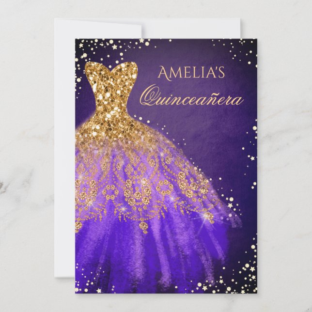 Sparkle Dress Lila Gold Quinceanera Einladung (Vorderseite)