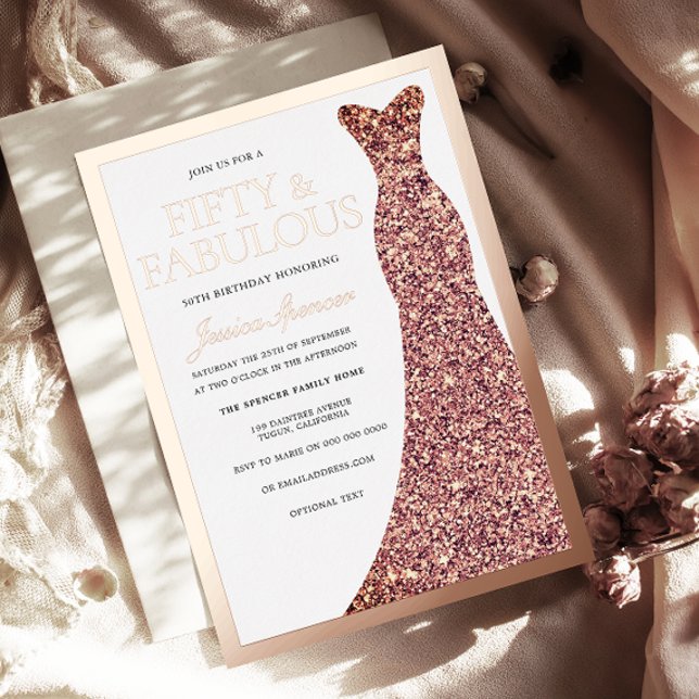 Sparkle Dress Womans 50th Birthday Party Rose Gold Folieneinladung (Von Creator hochgeladen)