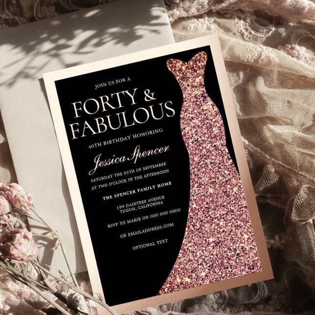 Sparkle Dress Womans Black 40th Birthday Rose Gold Folieneinladung (Von Creator hochgeladen)