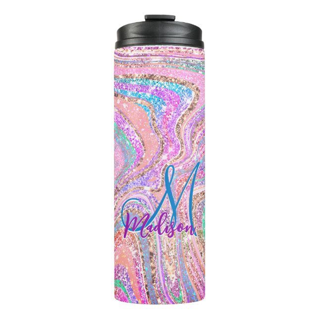 Sparkle Einicorn-Regenbogen, gürtelig marmorierte  Thermosbecher (Vorderseite)