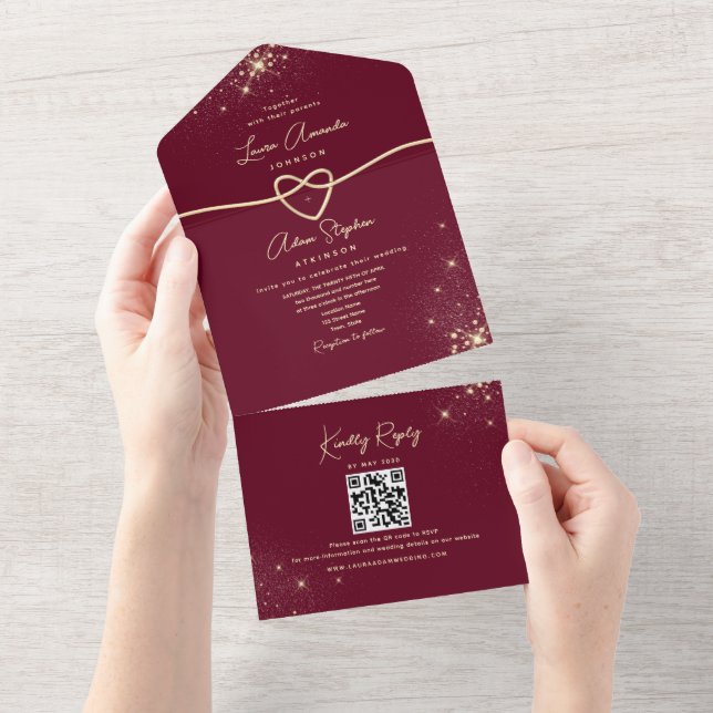Sparkle Elegant Burgundy und Gold Wedding All In One Einladung (Abreißen)
