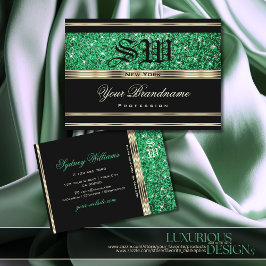 Sparkle Emerald Green Glitzer Monogram Gold Black Visitenkarte