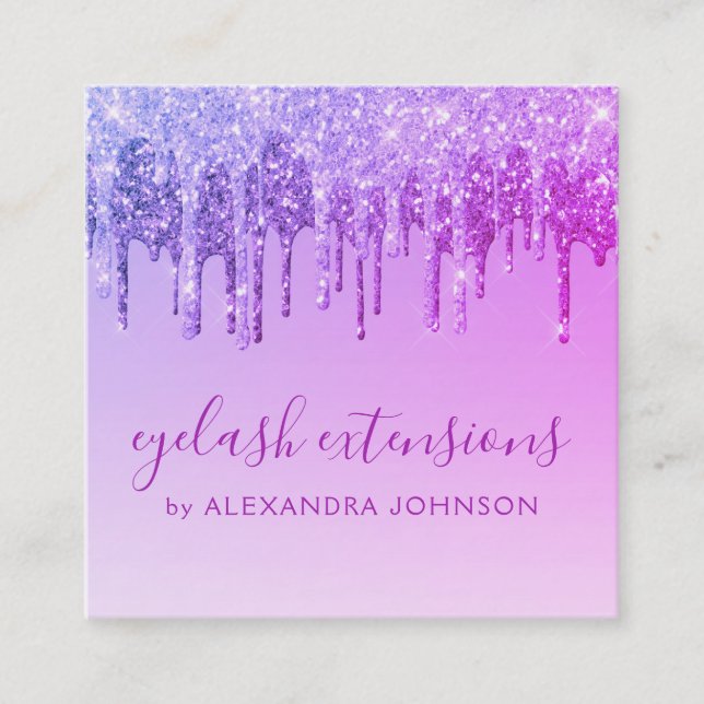 Sparkle Eyelash-Erweiterungen für lila Glitzer Quadratische Visitenkarte (Vorderseite)