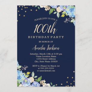 Sparkle Floral Blue 100. Geburtstagsfeier Einladung