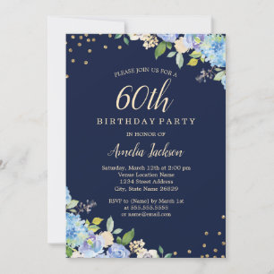 Sparkle Floral Blue 60. Geburtstagsfeier Einladung