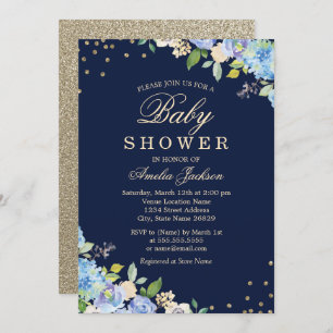 Sparkle Floral Blue Gold Boy Baby Dusche Einladung