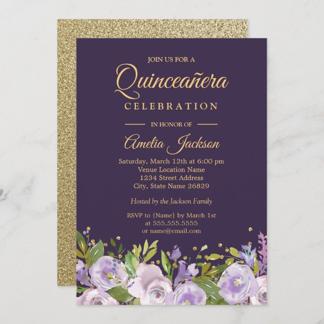 Sparkle Floral Gold Lila Quinceanera Einladung (Vorne/Hinten)