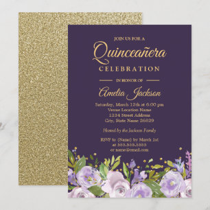 Sparkle Floral Gold Lila Quinceanera Einladung