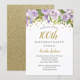 Sparkle Floral Lila 100. Geburtstag Einladung