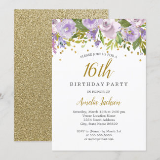 Sparkle Floral Lila 16. Geburtstag Einladung