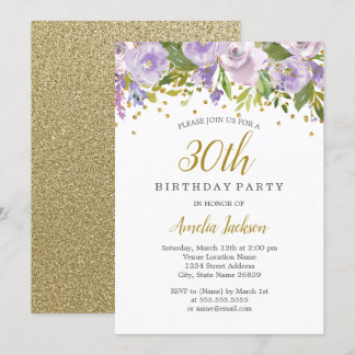 Sparkle Floral Lila 30. Geburtstag Einladung