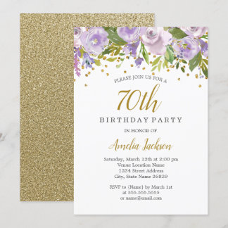 Sparkle Floral Lila 70. Geburtstag Einladung
