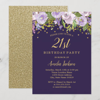 Sparkle Floral Lila Gold 21. Geburtstag Einladung