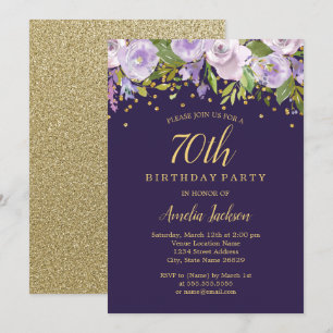 Sparkle Floral Lila Gold 70. Geburtstagseinladung Einladung