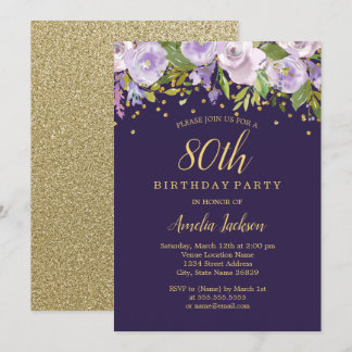 Sparkle Floral Lila Gold 80. Geburtstag Einladung