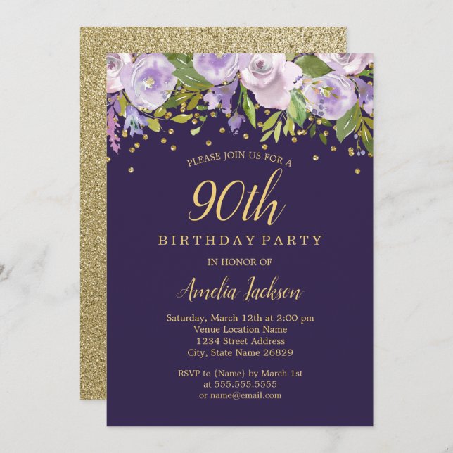 Sparkle Floral Lila Gold 90. Geburtstag Einladung (Vorne/Hinten)