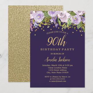 Sparkle Floral Lila Gold 90. Geburtstag Einladung