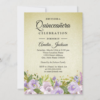 Sparkle Floral Lila Gold Quinceanera Einladung
