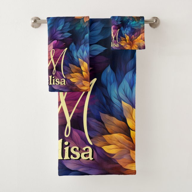 Sparkle Girly Navy Lila Blätter Badhandtuch Set (Insitu)