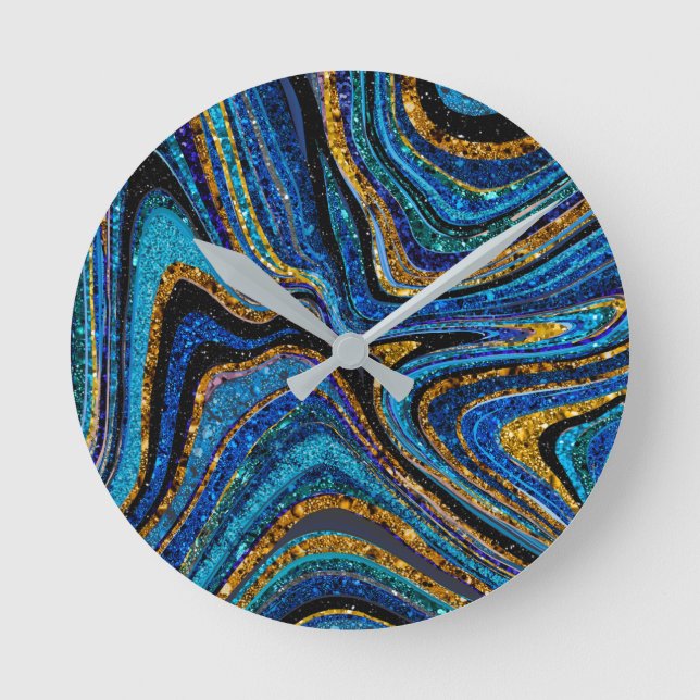 Sparkle Glam Glitzer mädchenhafte Marmorkunst blau Runde Wanduhr (Vorderseite)