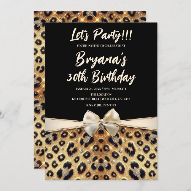 Sparkle Glam Gold Black Leopard Print Birthday Einladung (Vorne/Hinten)