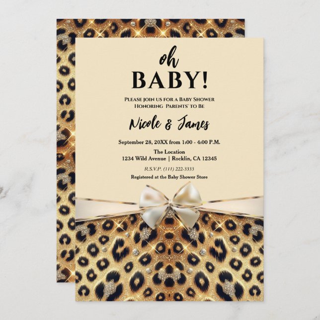 Sparkle Glam Leopard Print Baby Dusche Einladung (Vorne/Hinten)