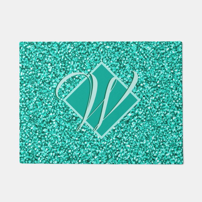 Sparkle Glam Turquoises Blauer Glitzer Mit Monogra Fußmatte (Vorderseite)