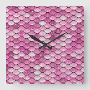 Sparkle Glitzer Rosa Lila Meerjungenskala Quadratische Wanduhr