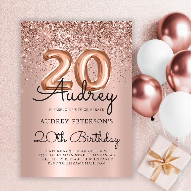Sparkle Glitzer Rose Gold Ballon 20. Geburtstag Einladung (Von Creator hochgeladen)