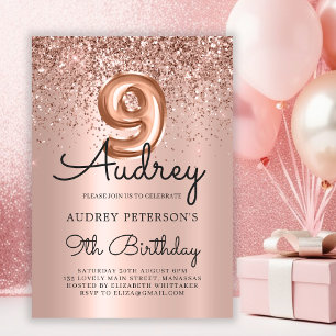 Sparkle Glitzer Rose Gold Ballon 9. Geburtstag Einladung