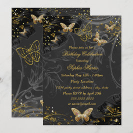 Sparkle Gold Black Butterfly Geburtstagsparty Einladung