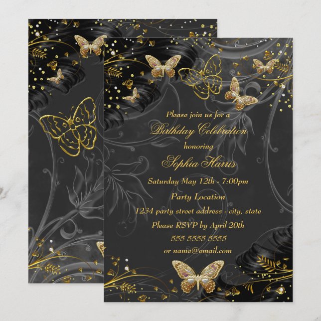 Sparkle Gold Black Butterfly Geburtstagsparty Einladung (Vorne/Hinten)