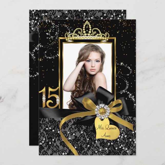 Sparkle Gold Black Lace & Bow Foto Quinceanera Einladung (Vorne/Hinten)
