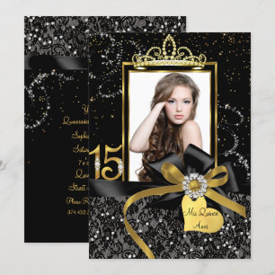 Sparkle Gold Black Lace & Bow Foto Quinceanera Einladung