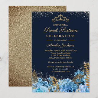 Sparkle Gold Blue Glitzer Blumen 16 . Geburtstag Einladung
