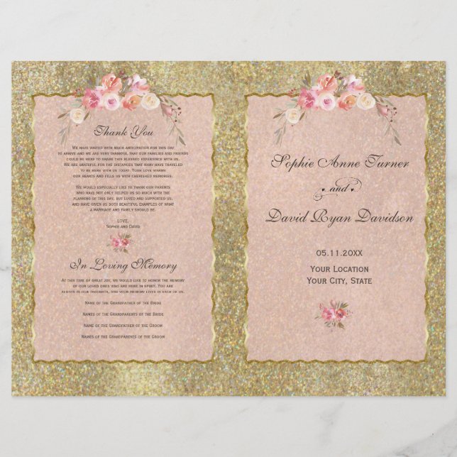 Sparkle Gold Glitzer Blush Floral Wedding Program (Vorderseite)