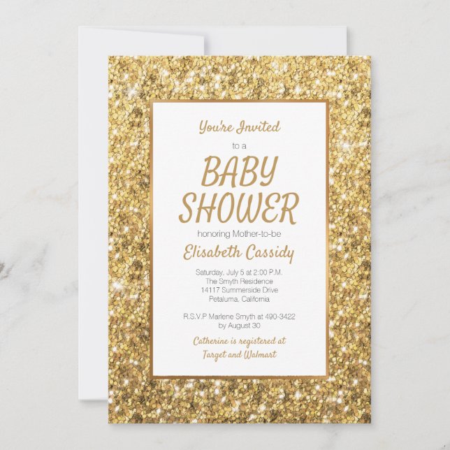 Sparkle Gold Glitzer Kinderdusche Einladung (Vorderseite)