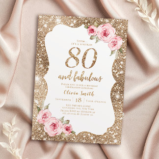 Sparkle Gold Glitzer und rosa Blütenblüte 80. Gebu Einladung