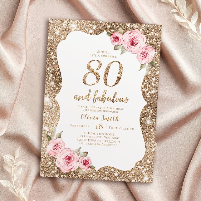 Sparkle Gold Glitzer und rosa Blütenblüte 80. Gebu Einladung (Sparkle gold glitter and pink floral 80th birthday invitation)