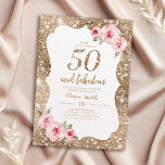 Sparkle Gold Glitzer und rosa Blütenpracht 50. Geb Einladung<br><div class="desc">Imitate mit goldfarbenem Glitzer-Hintergrund und blütenrosa Blumenmuster mit "50 und fabelhaften" Drehbuch in der Mitte,  elegant und stilvoll,  großartige 50. Geburtstagsfeier Einladungen.</div>