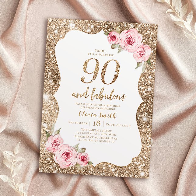 Sparkle Gold Glitzer und rosa Blütenpracht 90. Geb Einladung (Sparkle gold glitter and pink floral 90th birthday invitation)