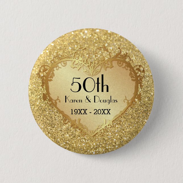 Sparkle Gold Heart 50. Hochzeitstag Button (Vorderseite)
